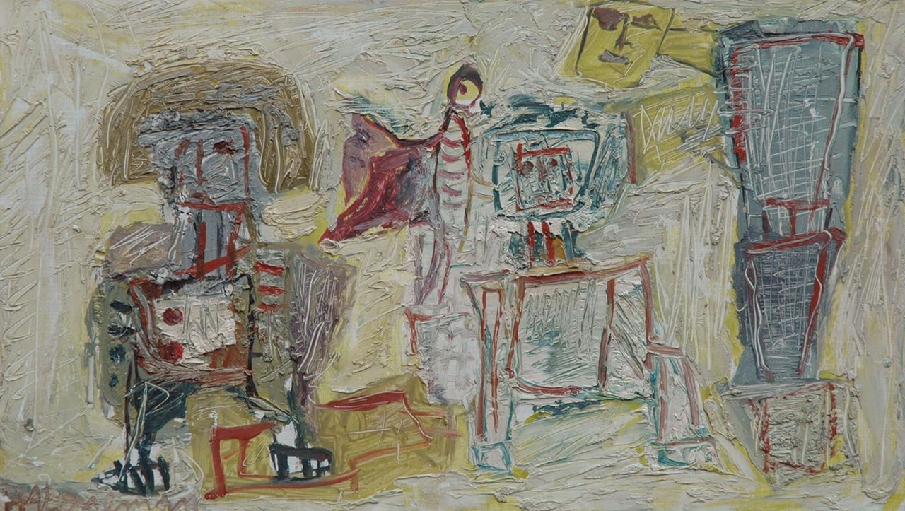 Veneman J.  | Johannes 'Hans' Veneman, Figures and bird, oil on formica 22.5 x 39.7 cm, signed l.l. and on the reverse