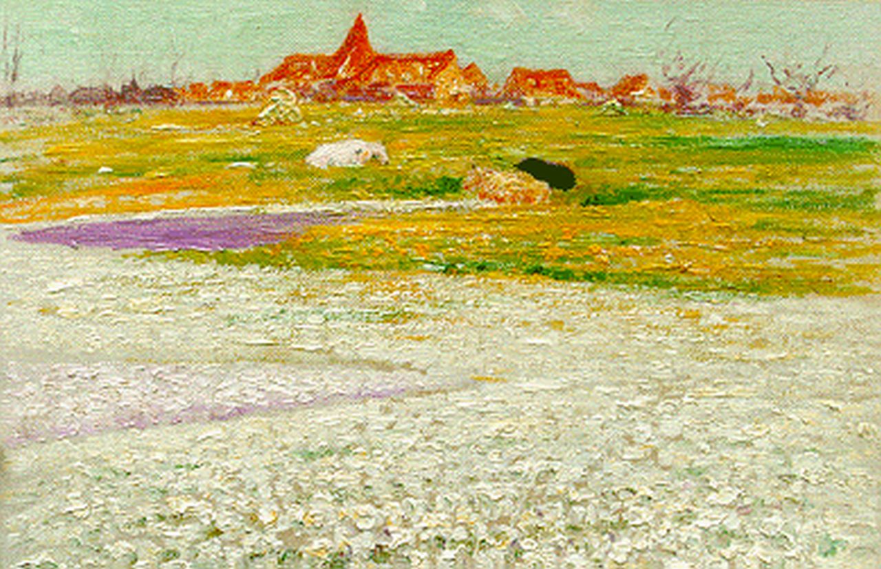 Lefebvre A.  | Albrecht 'Albert' Lefebvre, Bulb fields, a village in the distance, oil on canvas 26.0 x 35.5 cm, signed l.l.