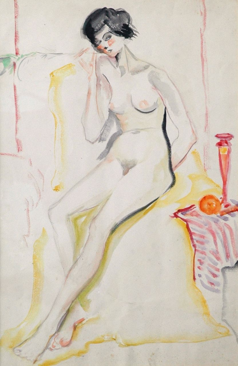 Martens-Pott A.J.  | 'Alida' Jantina Martens-Pott, A female nude sitting, watercolour on paper 50.0 x 32.5 cm, painted circa 1924