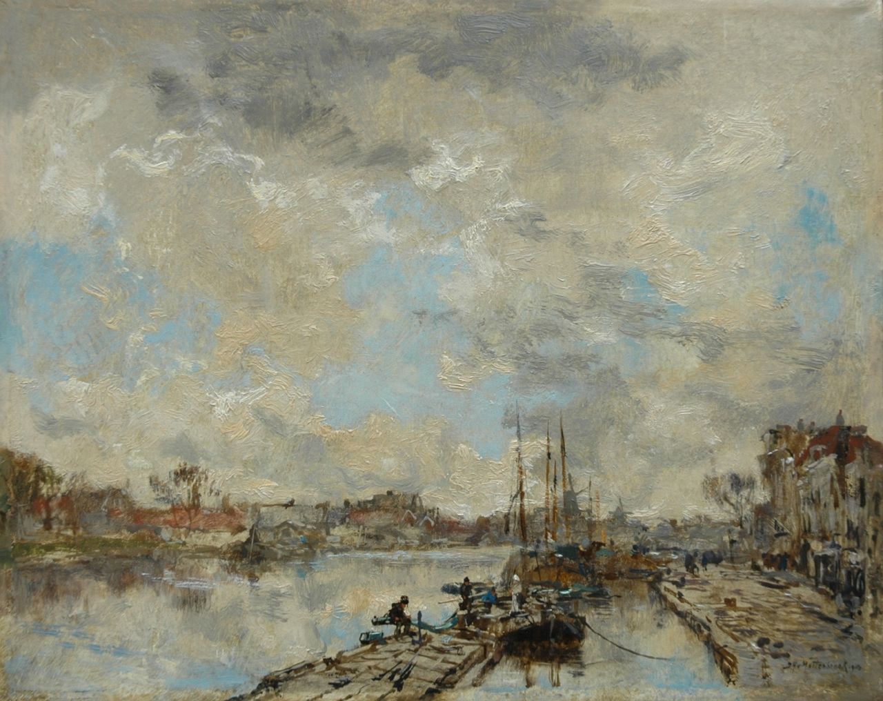 Mastenbroek J.H. van | Johan Hendrik van Mastenbroek, Fishing boats alongside a quay, oil on canvas 28.6 x 35.7 cm, signed l.r. and dated 1914