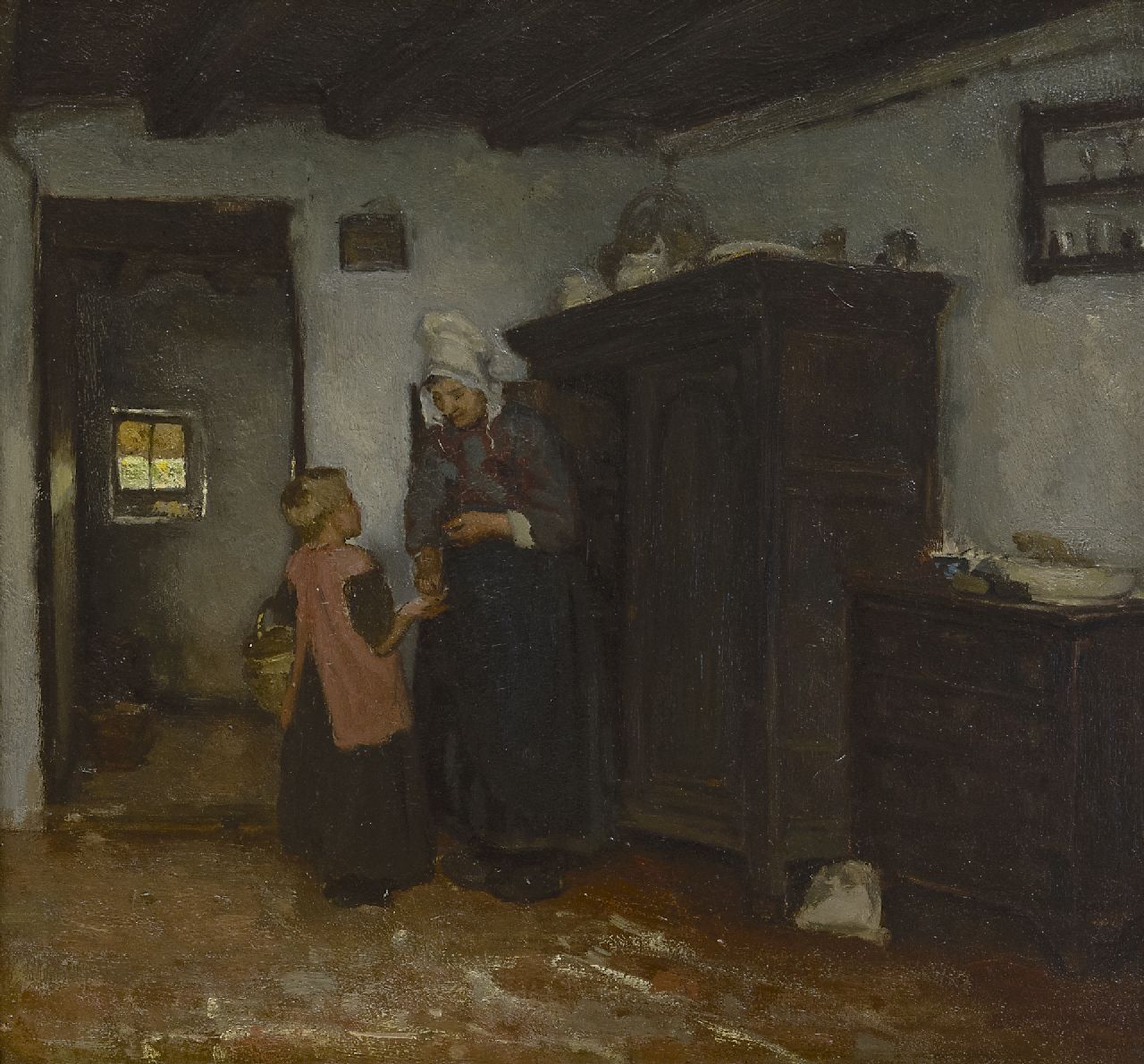 Neuhuys J.A.  | Johannes 'Albert' Neuhuys, A farm interior with a woman and child, oil on panel 40.4 x 43.7 cm, signed on a label on the reverse