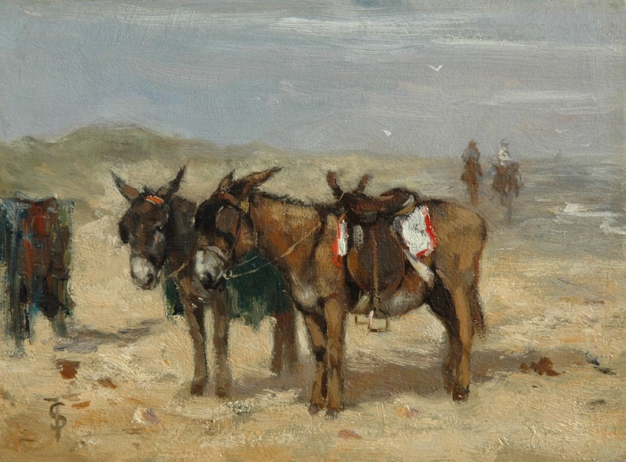 Scherrewitz J.F.C.  | Johan Frederik Cornelis Scherrewitz, Donkies on the beach, oil on panel 11.0 x 15.0 cm, signed l.l. with monogram