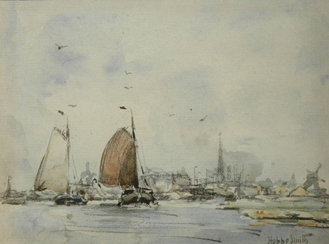 Smith H.  | Hobbe Smith, Schepen on the IJ, watercolour on paper 13.5 x 17.0 cm, signed l.r. and on the reverse