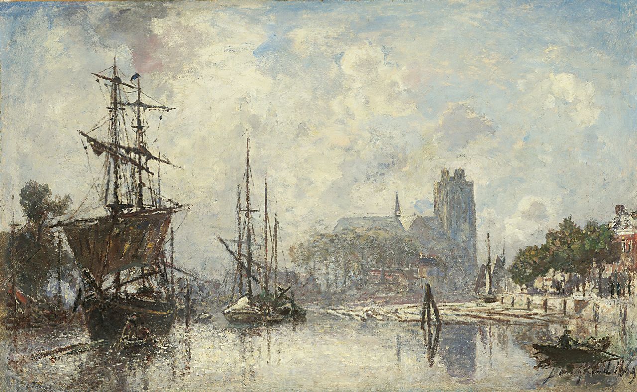 Jongkind J.B.  | Johan Barthold Jongkind, The harbour of Dordrecht at dawn, oil on canvas 40.7 x 65.2 cm, signed l.r. and dated 1869