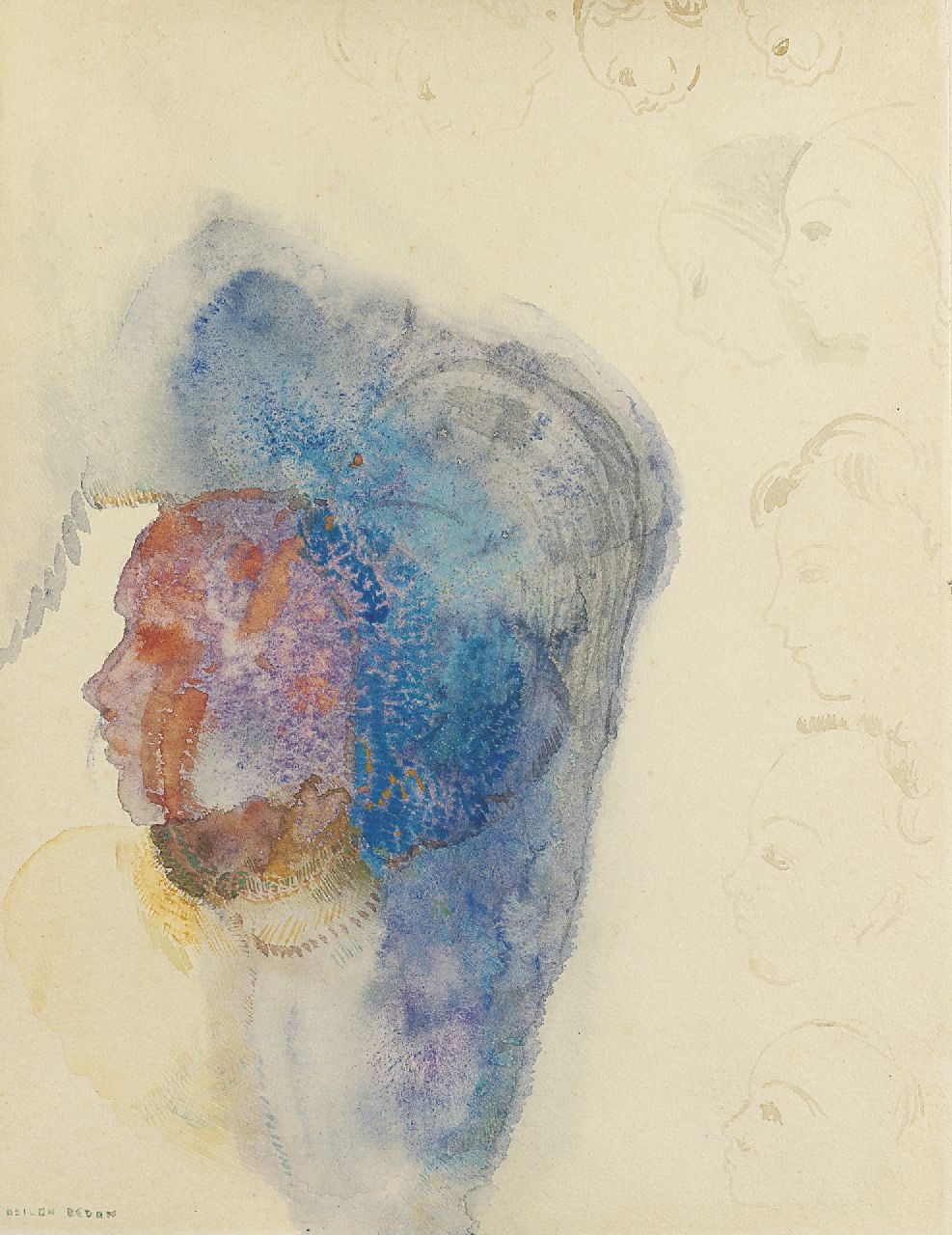 Redon B.-J.  | Bertrand-Jean 'Odilon' Redon, Vrouw en profil, pen, brown ink and watercolour on paper 27.5 x 21.1 cm, gesigneerd linksonder and te dateren ca. 1912