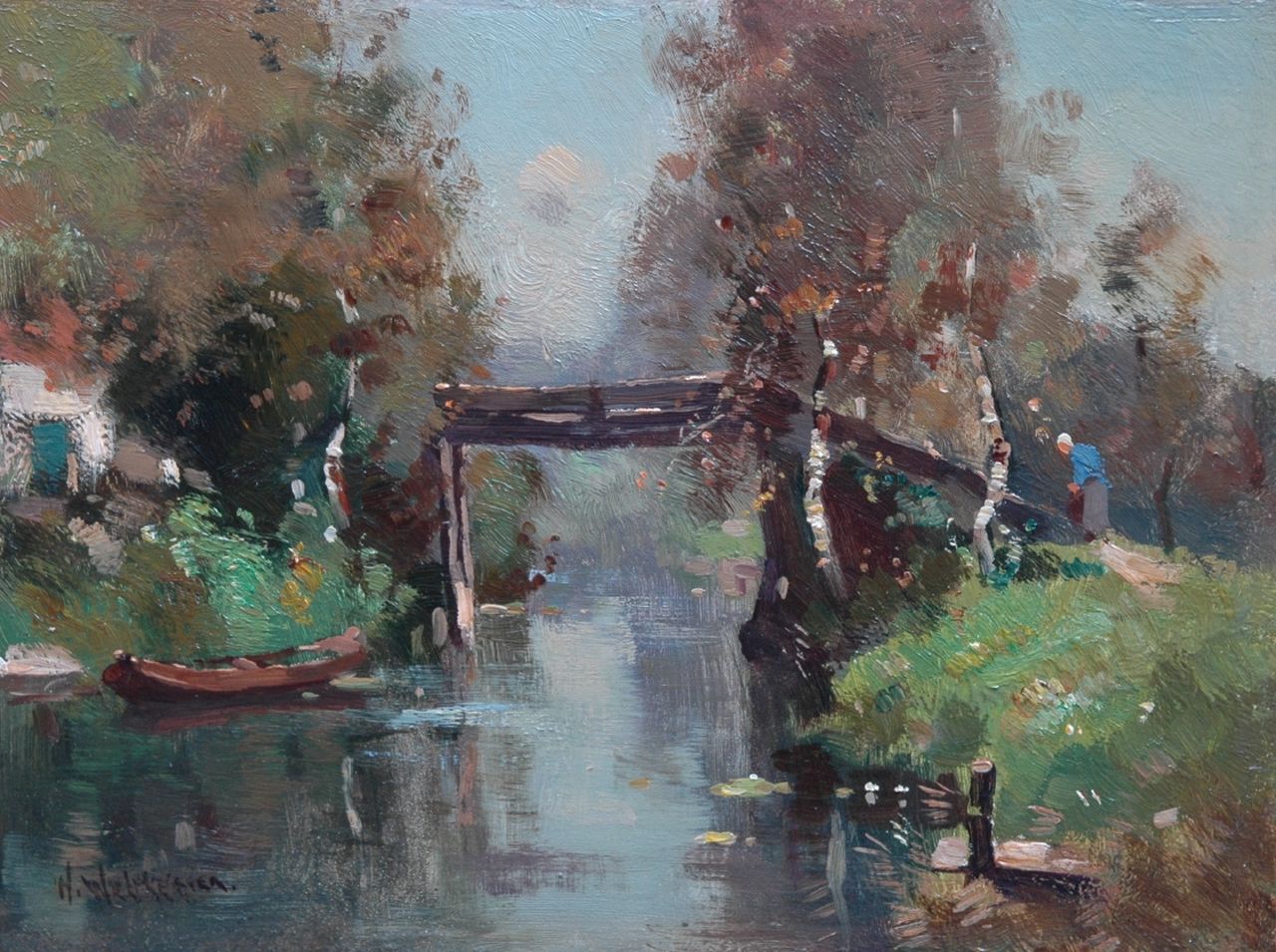 Knikker A.  | Aris Knikker, A bridge, Giethoorn, oil on panel 18.1 x 24.3 cm, signed l.l. with pseudonym 'H. Welther'