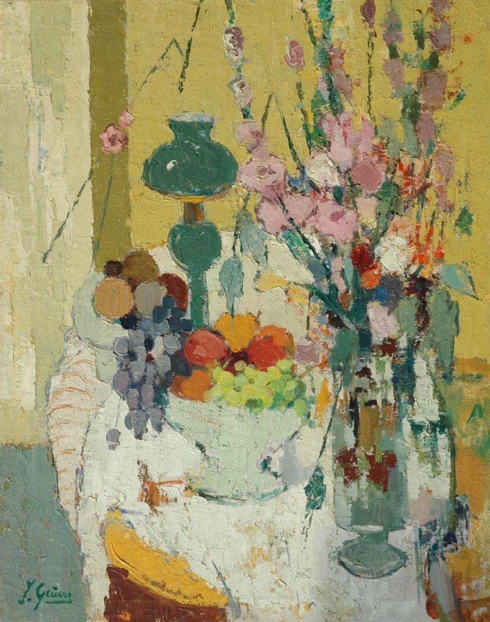 Geuens J.  | Jacques Geuens, A still life with fruits and flowers, oil on canvas 99.3 x 79.8 cm, signed l.l.