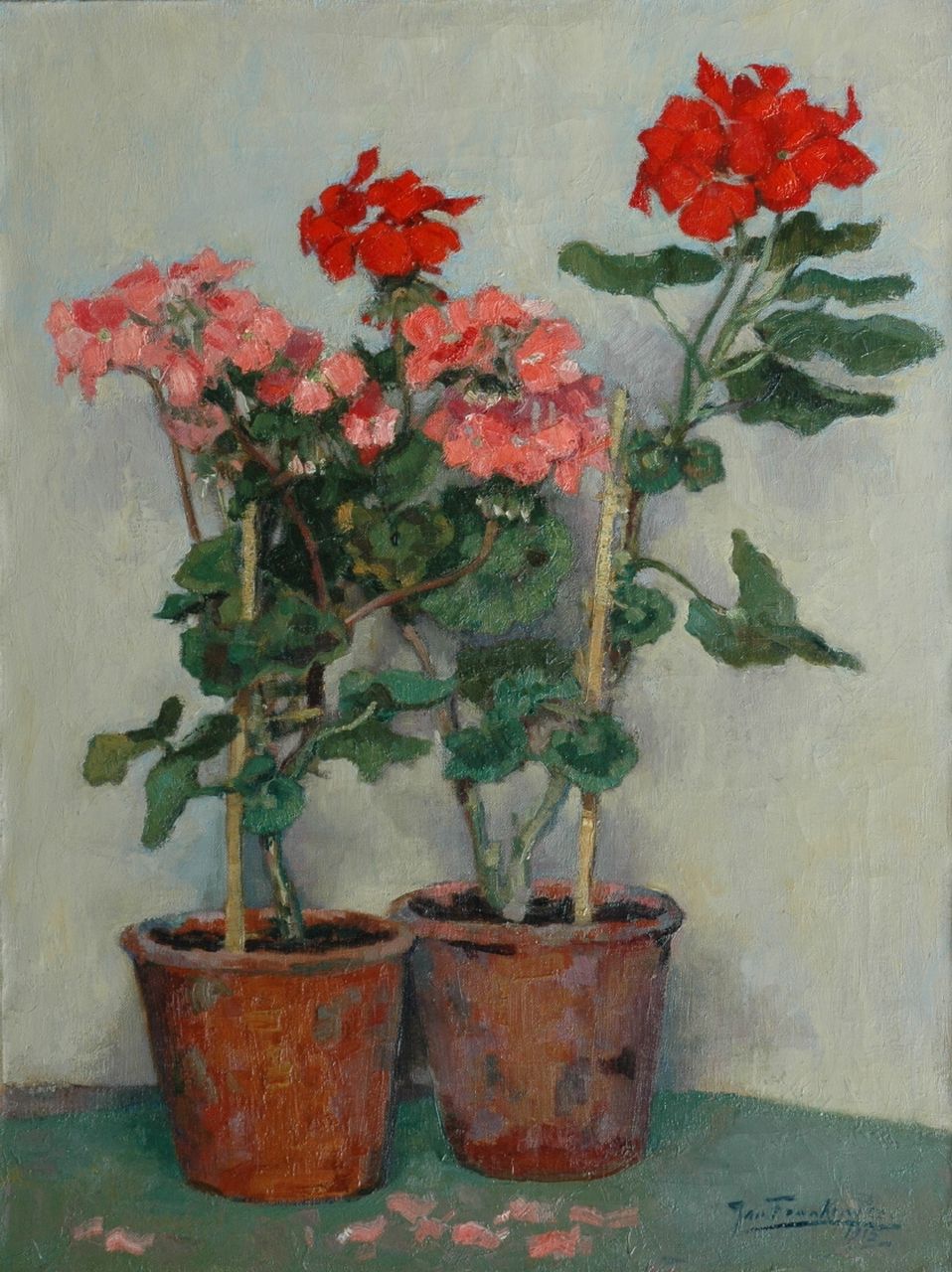 Franken J.H.  | Joannes Henricus 'Jan' Franken, Geranium in flowerpots, oil on canvas 72.6 x 55.5 cm, signed l.r. and on label on stretcher and dated 1915