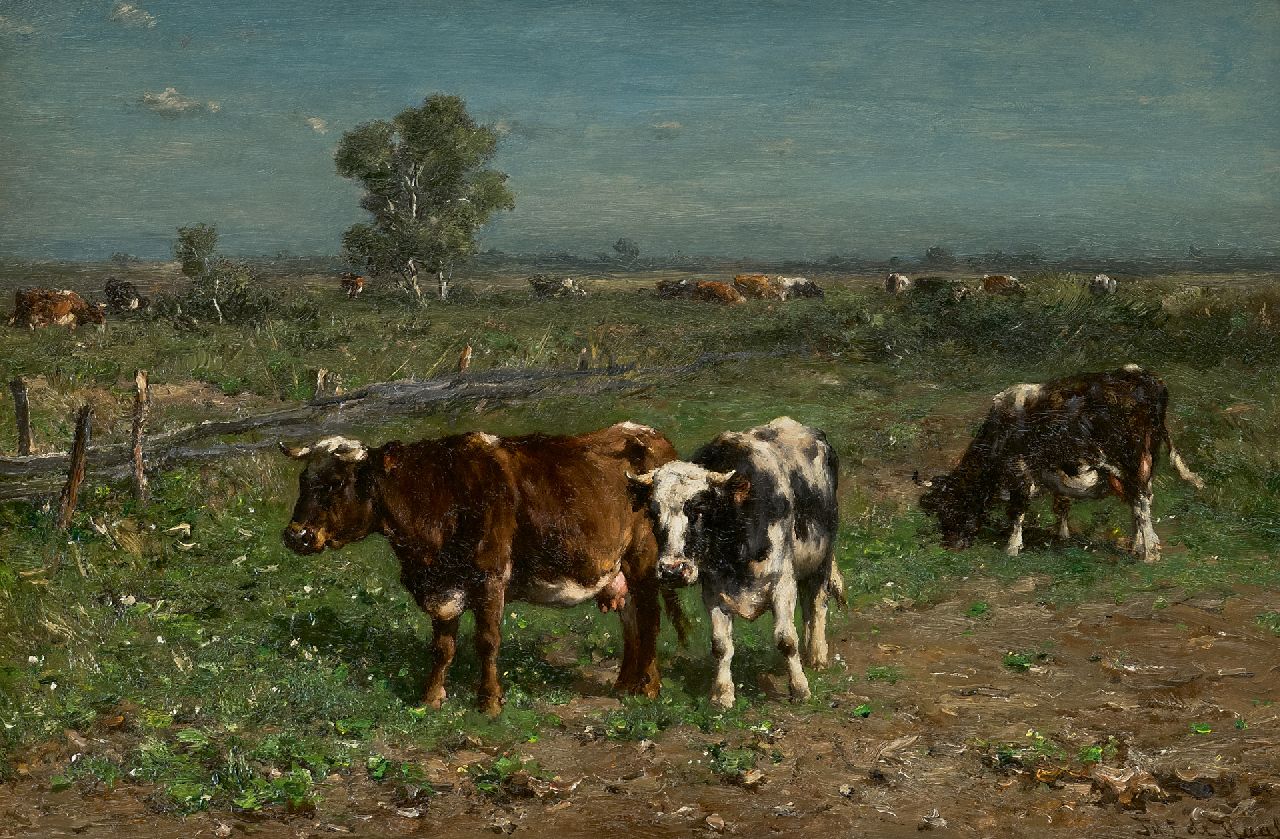 Haas J.H.L. de | Johannes Hubertus Leonardus de Haas | Paintings offered for sale | Cattle in a meadow, oil on panel 31.3 x 47.2 cm, signed l.r.