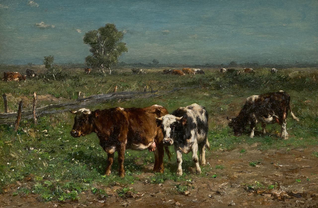 Haas J.H.L. de | Johannes Hubertus Leonardus de Haas, Cattle in a meadow, oil on panel 31.3 x 47.2 cm, signed l.r.