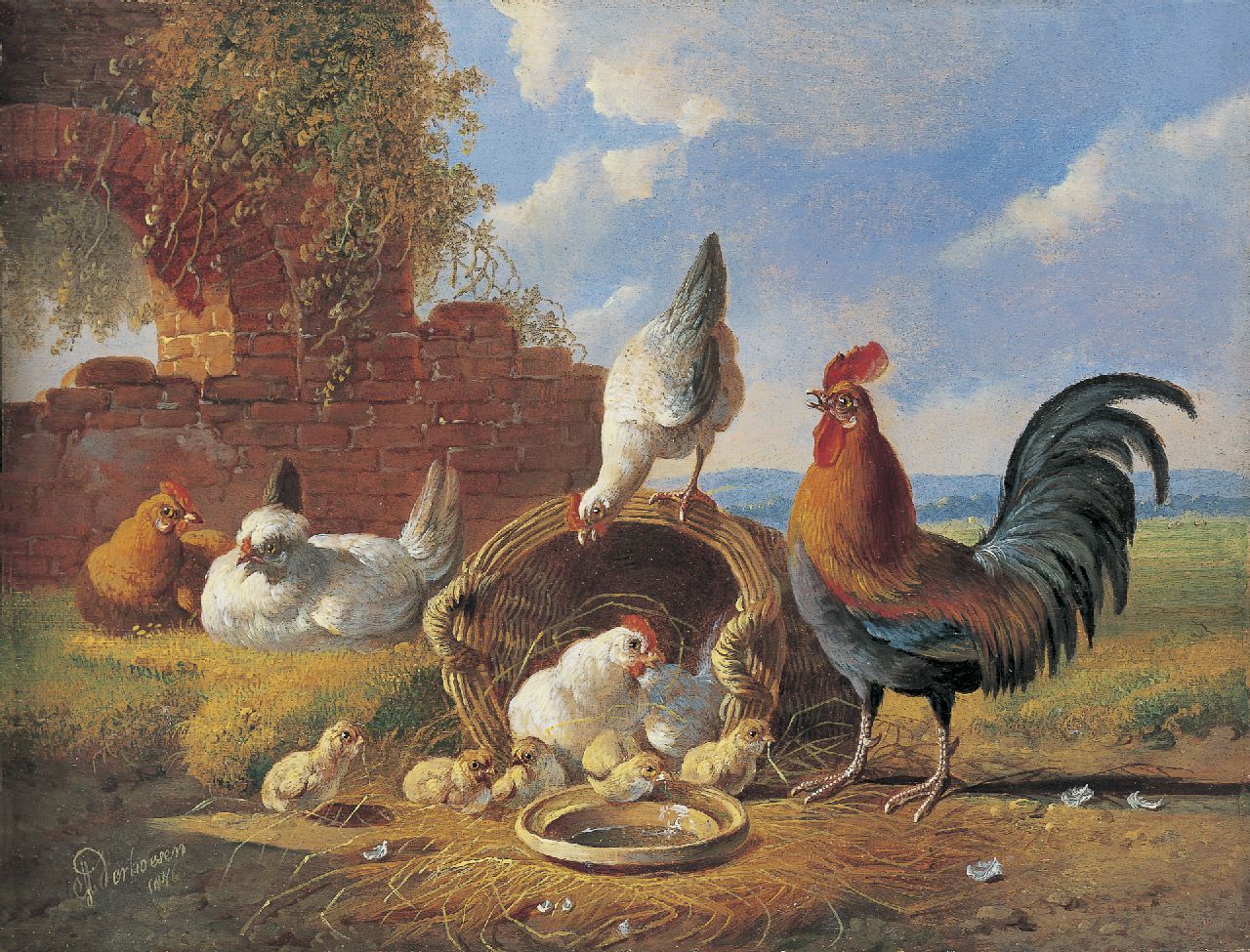 Verhoesen A.  | Albertus Verhoesen, Poultry in a classical landscape, oil on panel 18.6 x 24.1 cm, signed l.l. and dated 1876