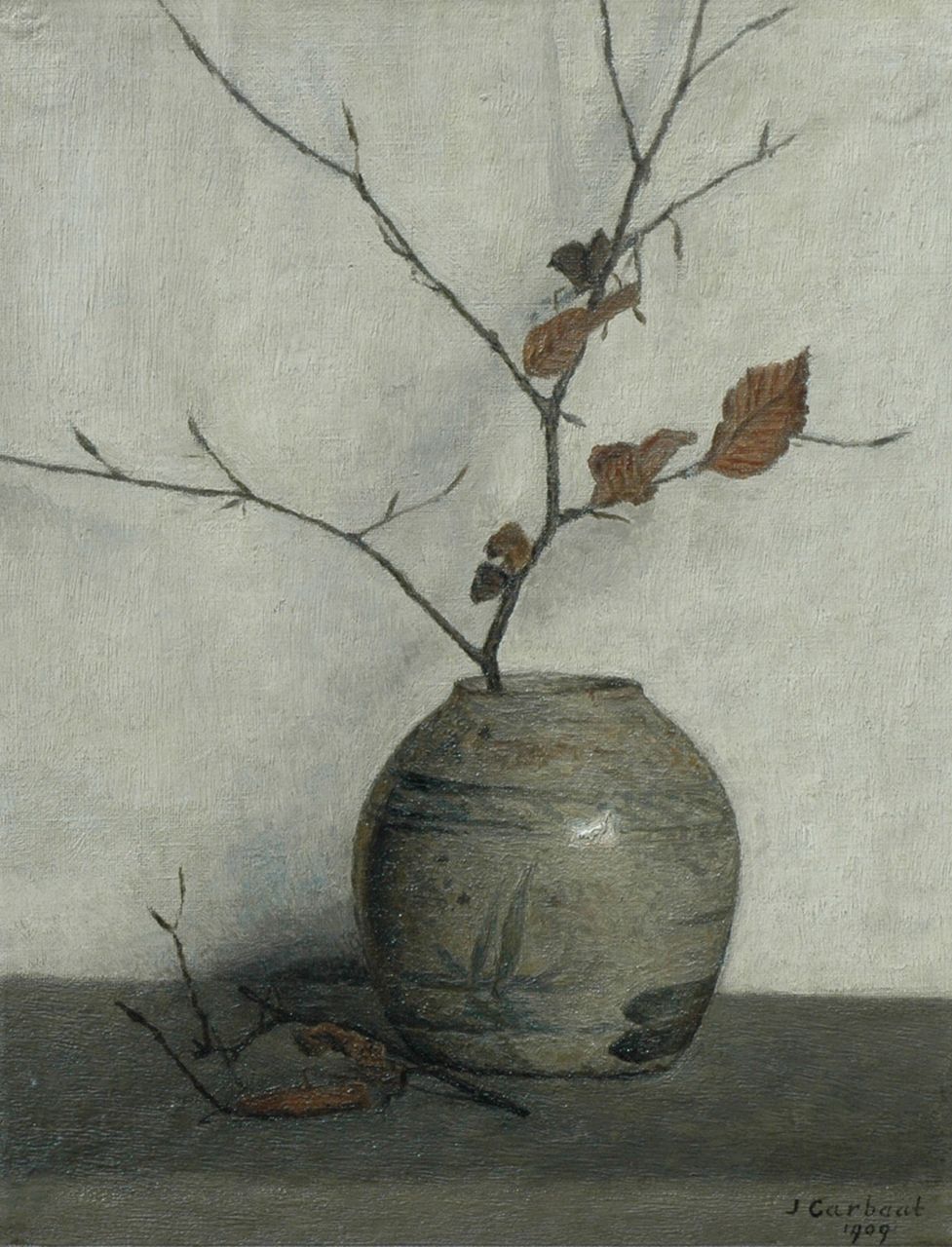 Carbaat J.  | Jan Carbaat, Still life with branch, oil on cardboard 38.0 x 29.0 cm, signed l.r. and dated 1909