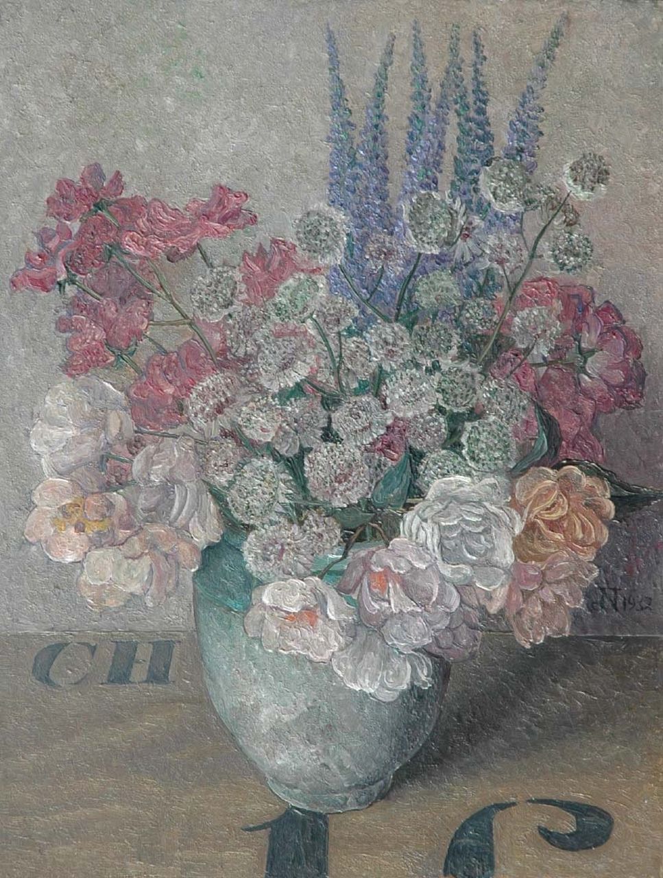 Nieweg J.  | Jakob Nieweg, A still life with pink flowers, oil on panel 35.5 x 27.3 cm, signed m.r. with monogram and dated 1932