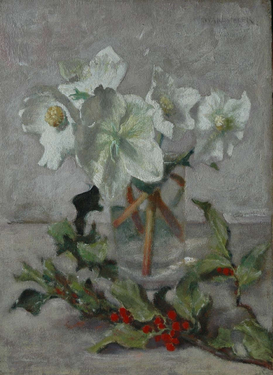 Wandscheer M.W.  | Maria Wilhelmina 'Marie' Wandscheer, A Christmas rose, oil on panel 32.0 x 23.3 cm, signed u.r. and on the reverse