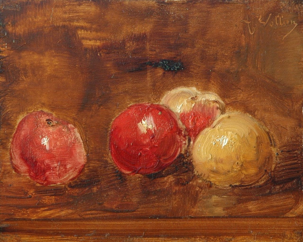 Vollon A.  | Antoine Vollon, A still life with apples, oil on panel 21.4 x 26.8 cm, signed u.r.