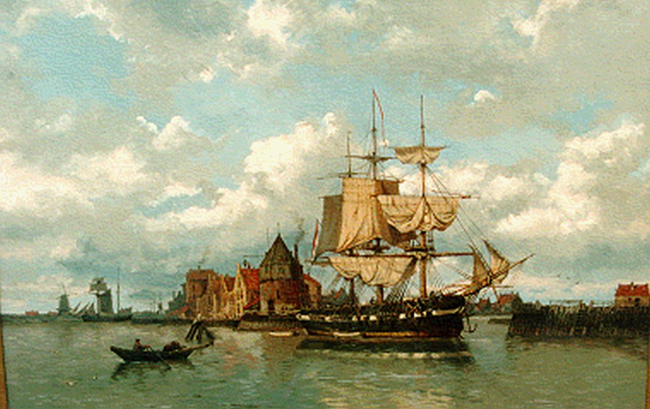 Koekkoek G.J.  | Gerardus Johannes 'Gerard' Koekkoek, An anchored three-master, Hoorn, oil on canvas 63.0 x 84.0 cm, signed l.r.