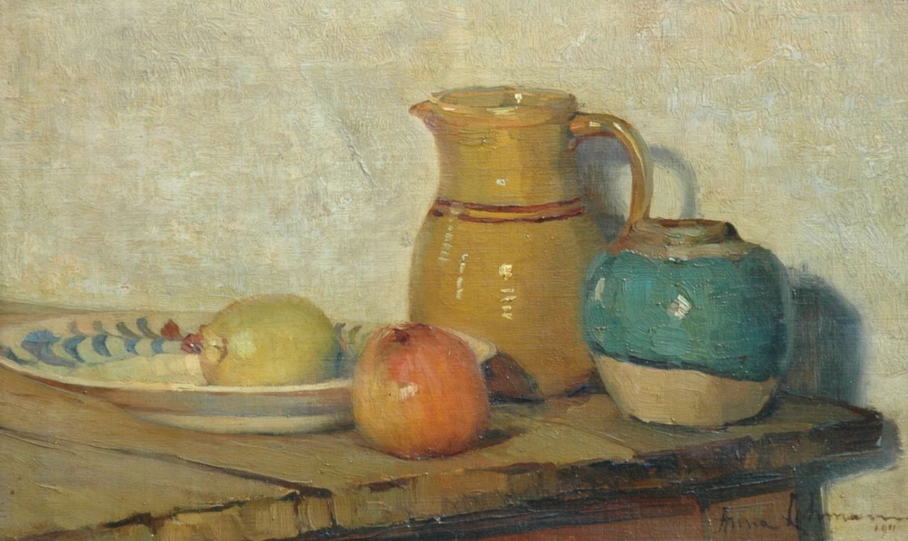 Lehmann A.E.F.  | 'Anna' Elisabeth Frederika Lehmann, A still life with apples and a jug, oil on canvas 24.4 x 39.4 cm, signed l.r. and on the stretcher and dated 1911