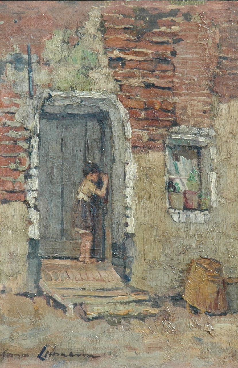 Lehmann A.E.F.  | 'Anna' Elisabeth Frederika Lehmann, A girl in front of a house, Brittany, oil on canvas laid down on painter's board 35.1 x 25.1 cm, signed l.l.