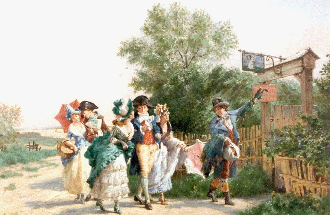 Charles-Alexandre Coëssin de la Fosse | An elegant company by an inn, oil on panel, 33.1 x 47.2 cm, signed l.l.