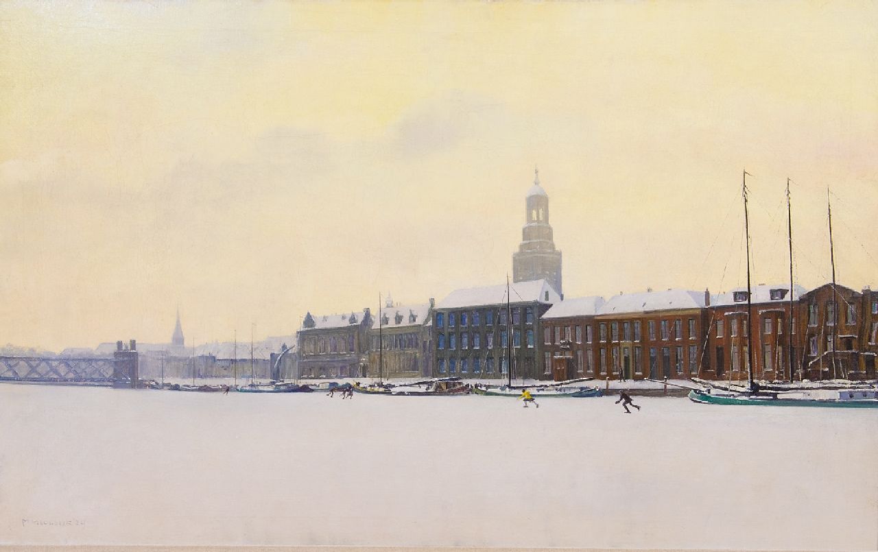 Meuldijk M.  | Maarten Meuldijk, Skaters on the river IJssel near Kampen, oil on canvas 64.0 x 100.7 cm, signed l.l. and dated '29