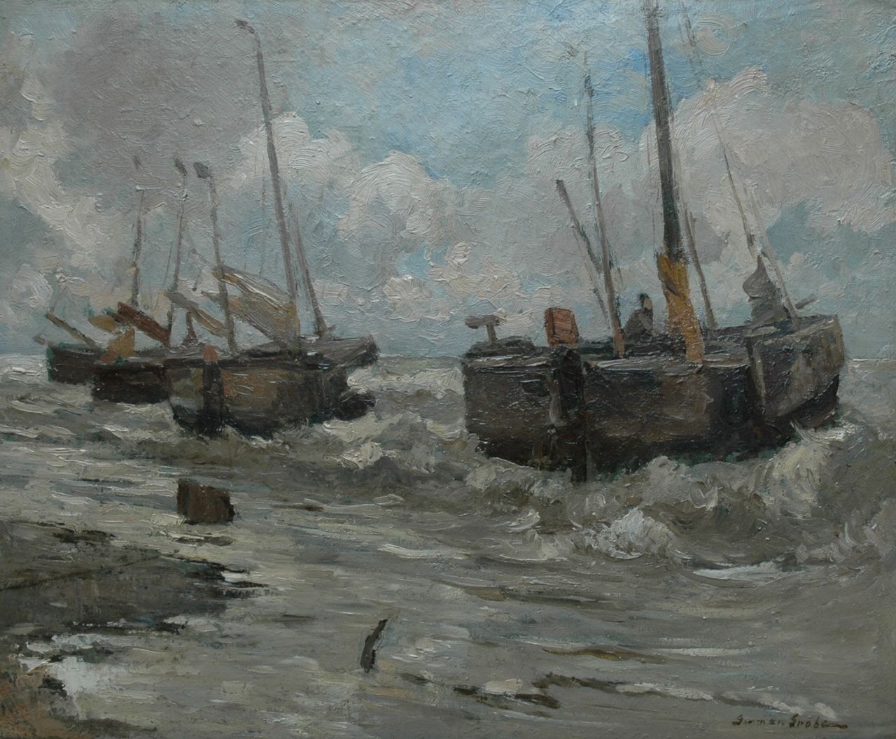 Grobe P.G.  | Philipp 'German' Grobe, 'Bomschuiten'  in the surf, oil on board 45.0 x 54.8 cm, signed l.r.