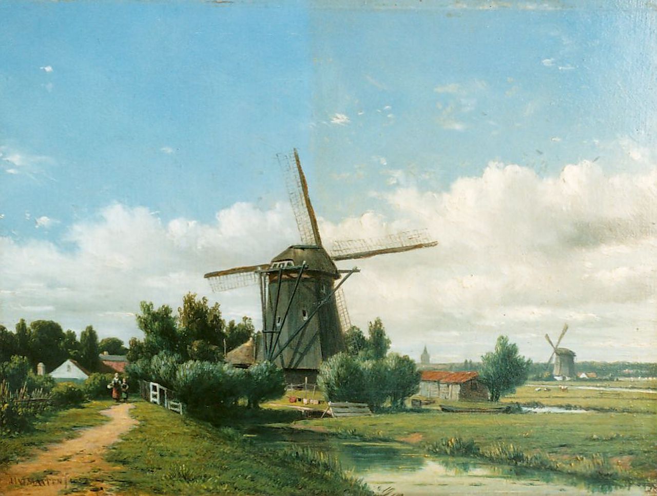 Maaten J.J. van der | Jacob Jan van der Maaten, A polder landscape with windmill, oil on panel 21.0 x 28.5 cm, signed l.l. and dated 1852