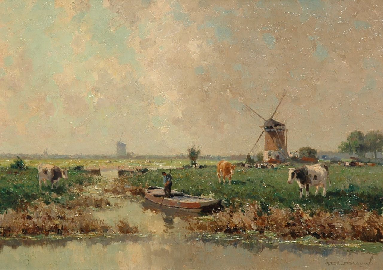 Delfgaauw G.J.  | Gerardus Johannes 'Gerard' Delfgaauw, Punting farmer in a polder landscape, oil on canvas 50.0 x 70.4 cm, signed l.r.