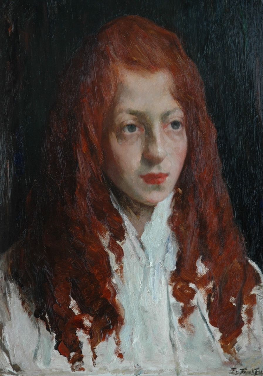 Frankfort E.  | Eduard Frankfort, Girl with red hair, oil on board 48.5 x 35.5 cm, signed l.r.