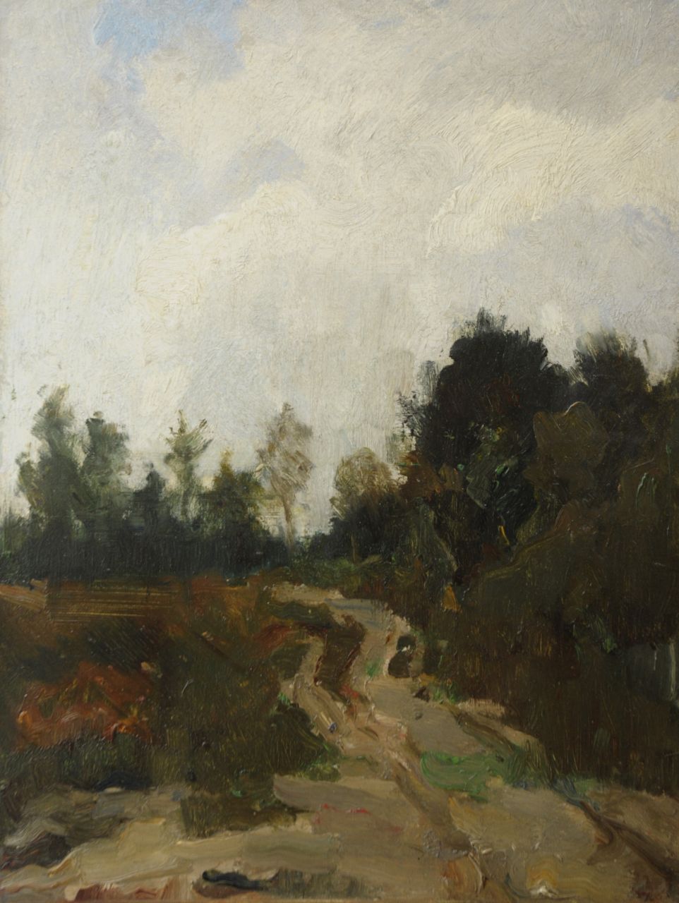 Frankfort E.  | Eduard Frankfort, Sandy path in a wooded landscape, oil on board 36.1 x 27.1 cm
