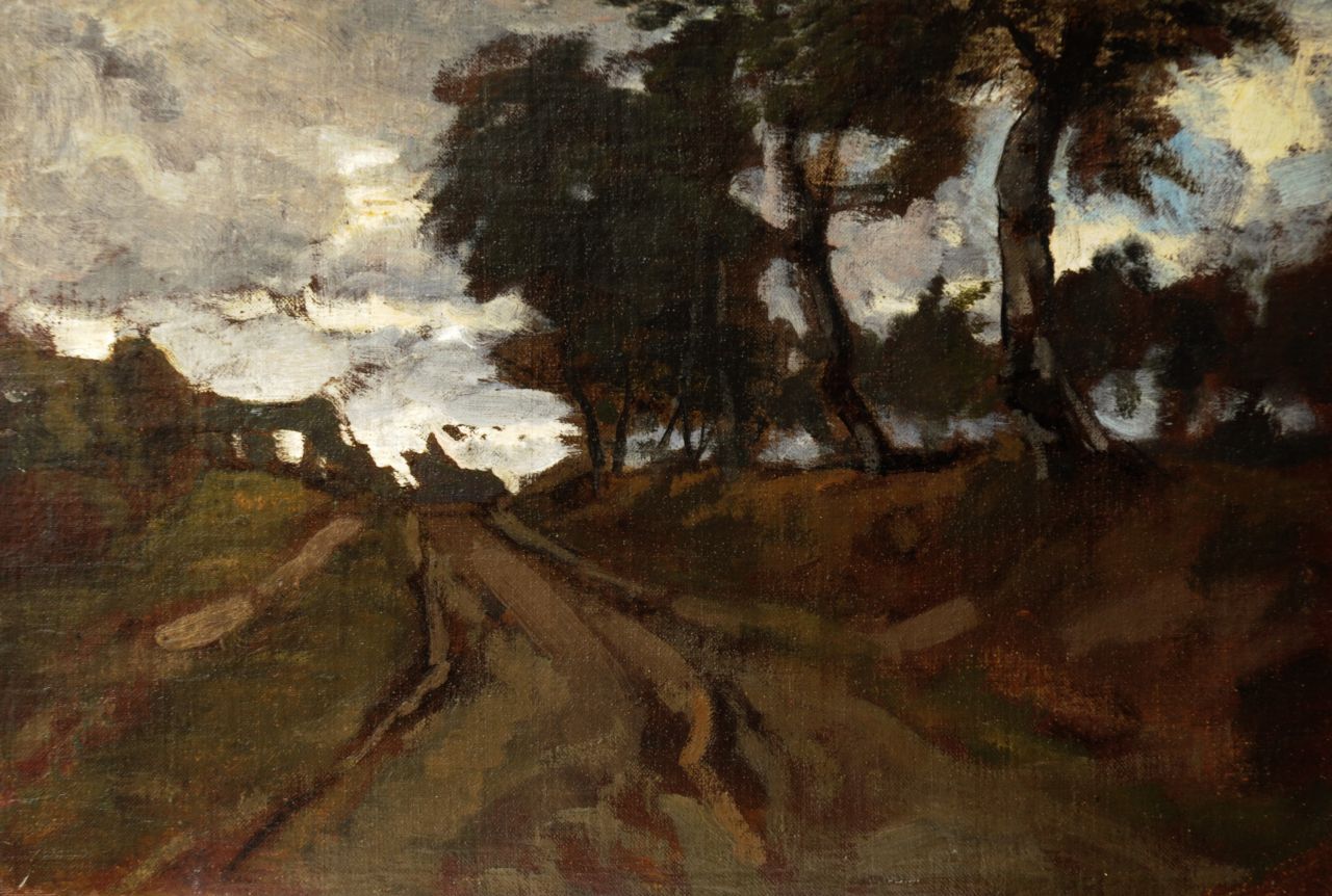 Frankfort E.  | Eduard Frankfort, Sandy path along trees, oil on canvas laid down on board 24.1 x 35.4 cm