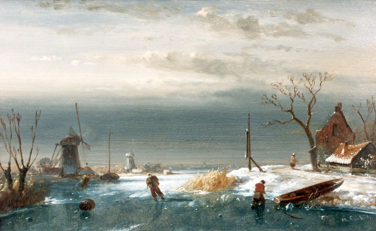 Leickert C.H.J.  | 'Charles' Henri Joseph Leickert, A winter landscape with skaters on a frozen waterway, oil on panel 13.9 x 22.0 cm, signed l.r.