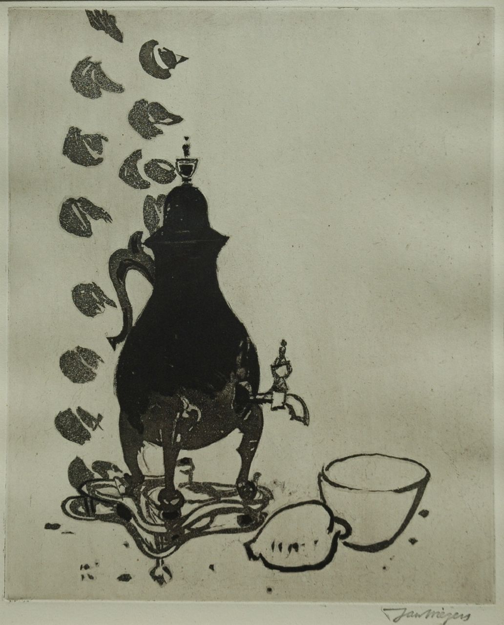 Wiegers J.  | Jan Wiegers, A still life with coffee urn, aquatint 35.0 x 28.0 cm, signed l.r. with stamp