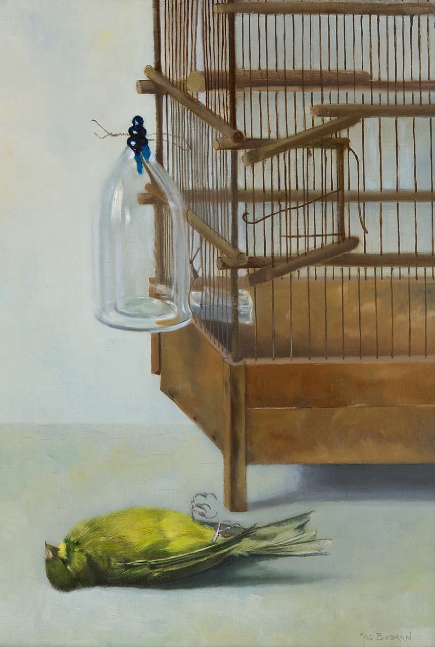 Bodaan J.J.  | Johan Jacob Bodaan | Paintings offered for sale | Dead bird near a cage, oil on panel 36.2 x 25.2 cm, signed l.r.