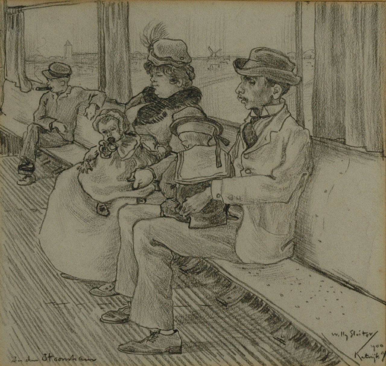 Sluiter J.W.  | Jan Willem 'Willy' Sluiter, In the streetcar, black chalk on paper 18.0 x 19.0 cm, signed l.r. and dated '1900 Katwijk a/z'