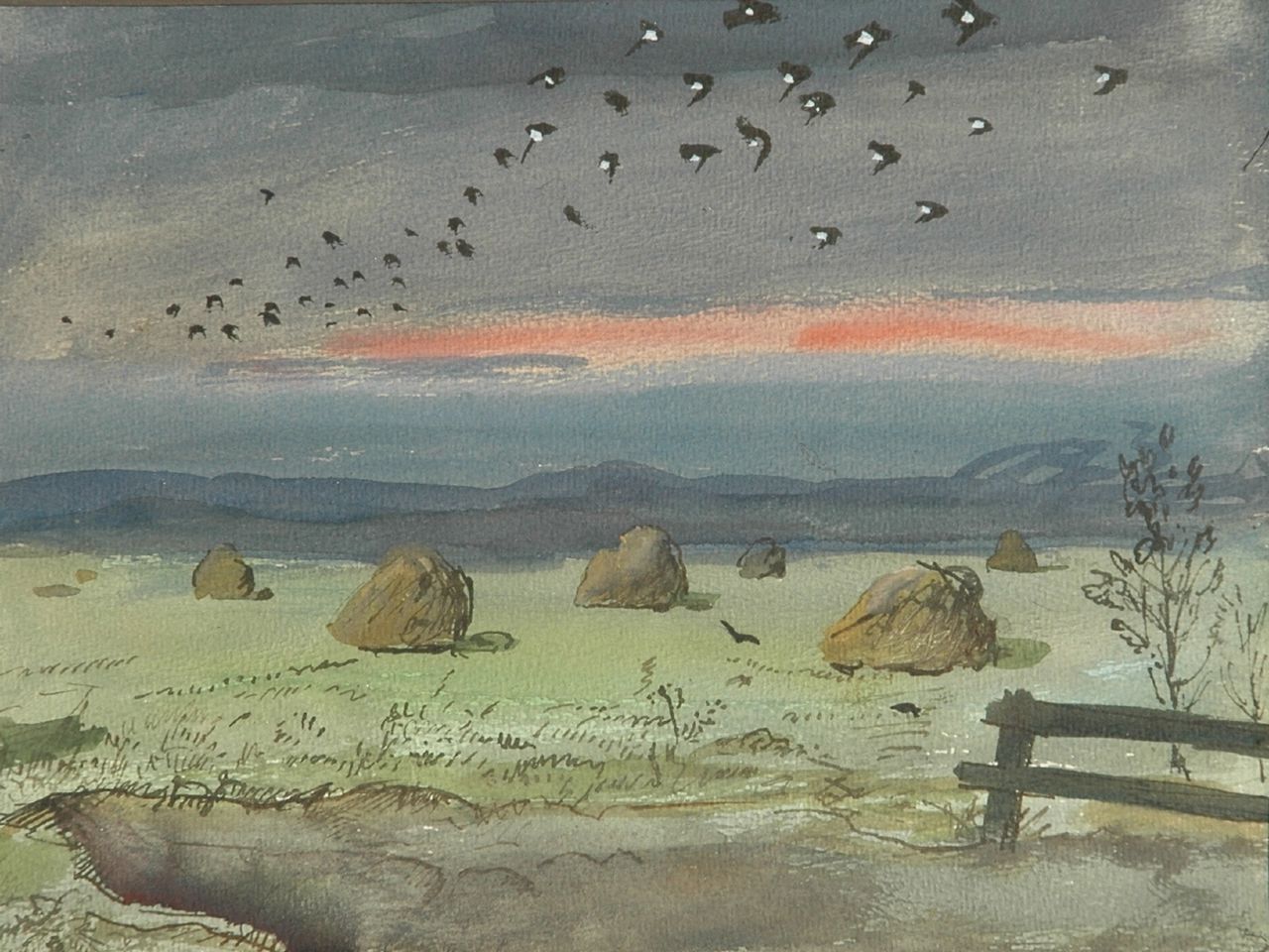 Kamerlingh Onnes H.H.  | 'Harm' Henrick Kamerlingh Onnes, A flock of birds over hayhocks, watercolour on paper 24.0 x 31.5 cm, signed l.r. with monogram and dated '57