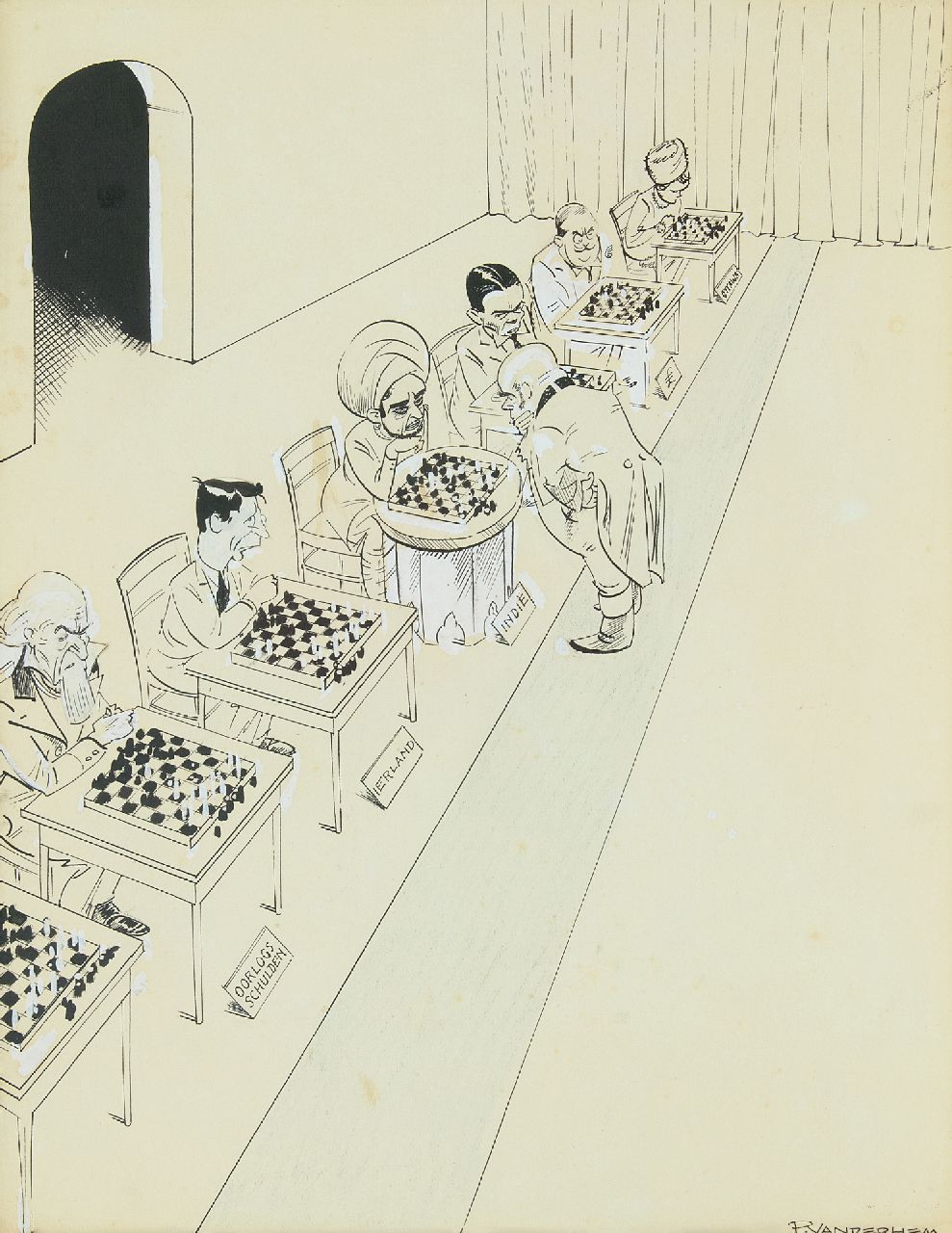 Hem P. van der | Pieter 'Piet' van der Hem | Watercolours and drawings offered for sale | John Bull playing simultaneous chess, pen and brush, ink and gouache on paper 45.0 x 35.5 cm, signed l.r.