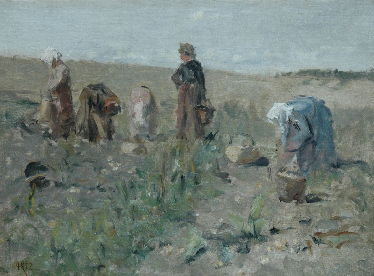 Artz D.A.C.  | David Adolphe Constant Artz, Potato digging, oil on canvas laid down on panel 30.9 x 41.6 cm, signed l.l.