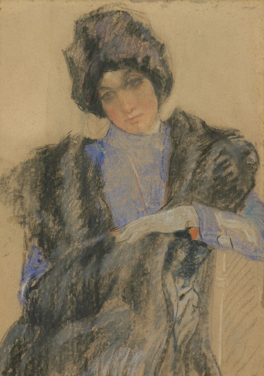 Vaarzon Morel W.F.A.I.  | Wilhelm Ferdinand Abraham Isaac 'Willem' Vaarzon Morel, An elegant lady with a hat, pastel on cardboard 72.1 x 52.0 cm