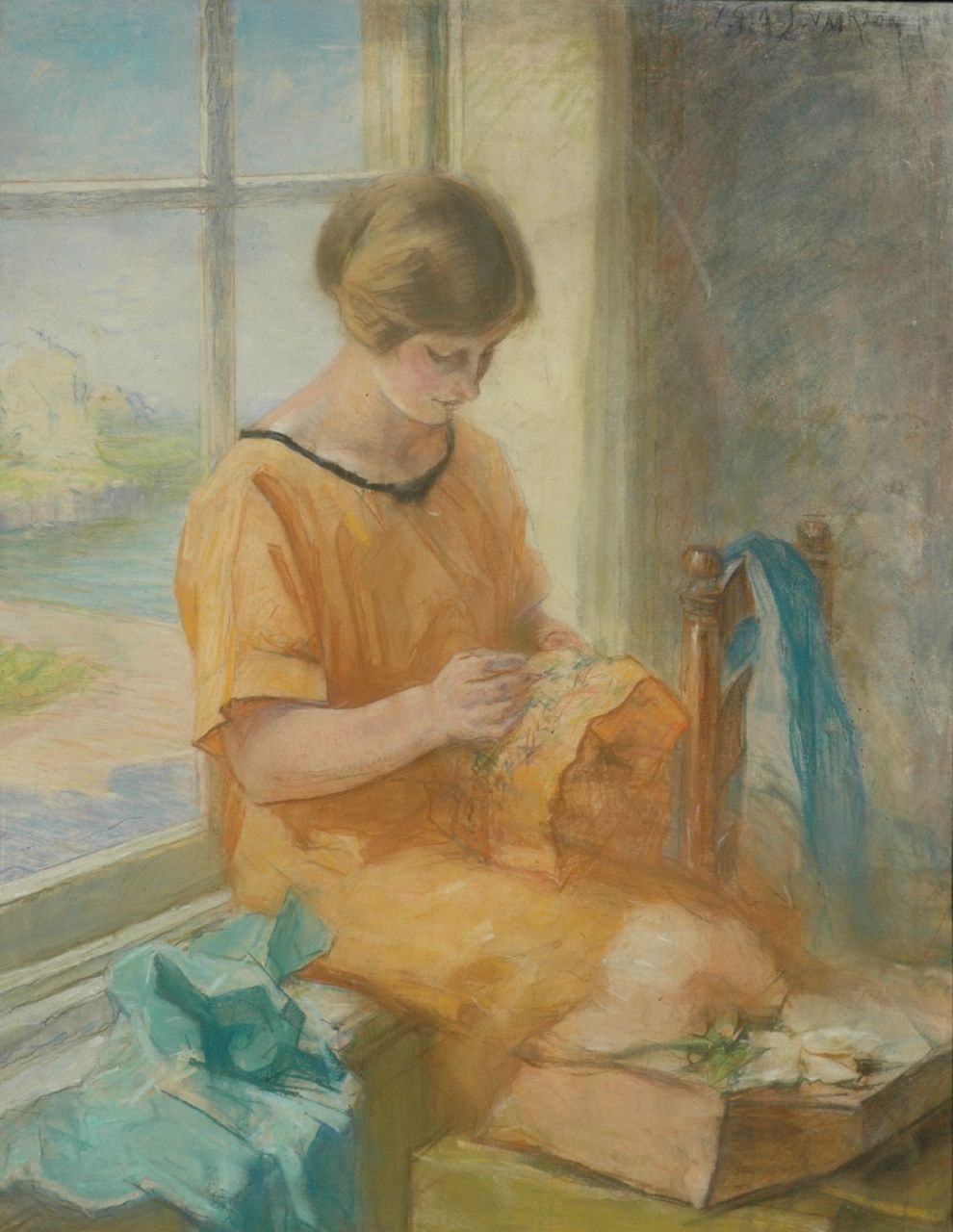 Vaarzon Morel W.F.A.I.  | Wilhelm Ferdinand Abraham Isaac 'Willem' Vaarzon Morel, The painter's wife embroiding, pastel on paper 66.0 x 51.0 cm, signed u.r.