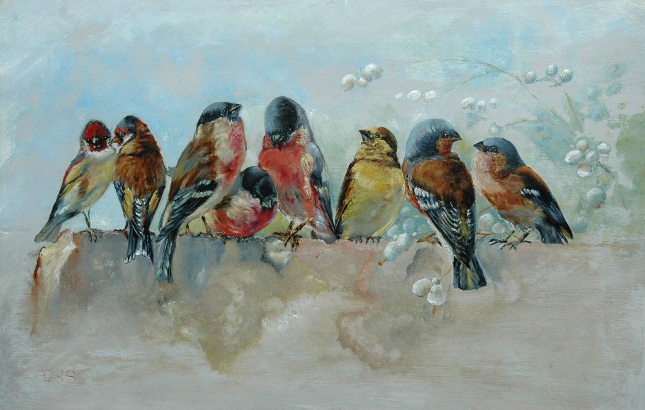 Stortenbeker C.S.  | Cornelis Samuel Stortenbeker, Birds on a wall, oil on panel 31.5 x 48.1 cm, signed l.l. with initials