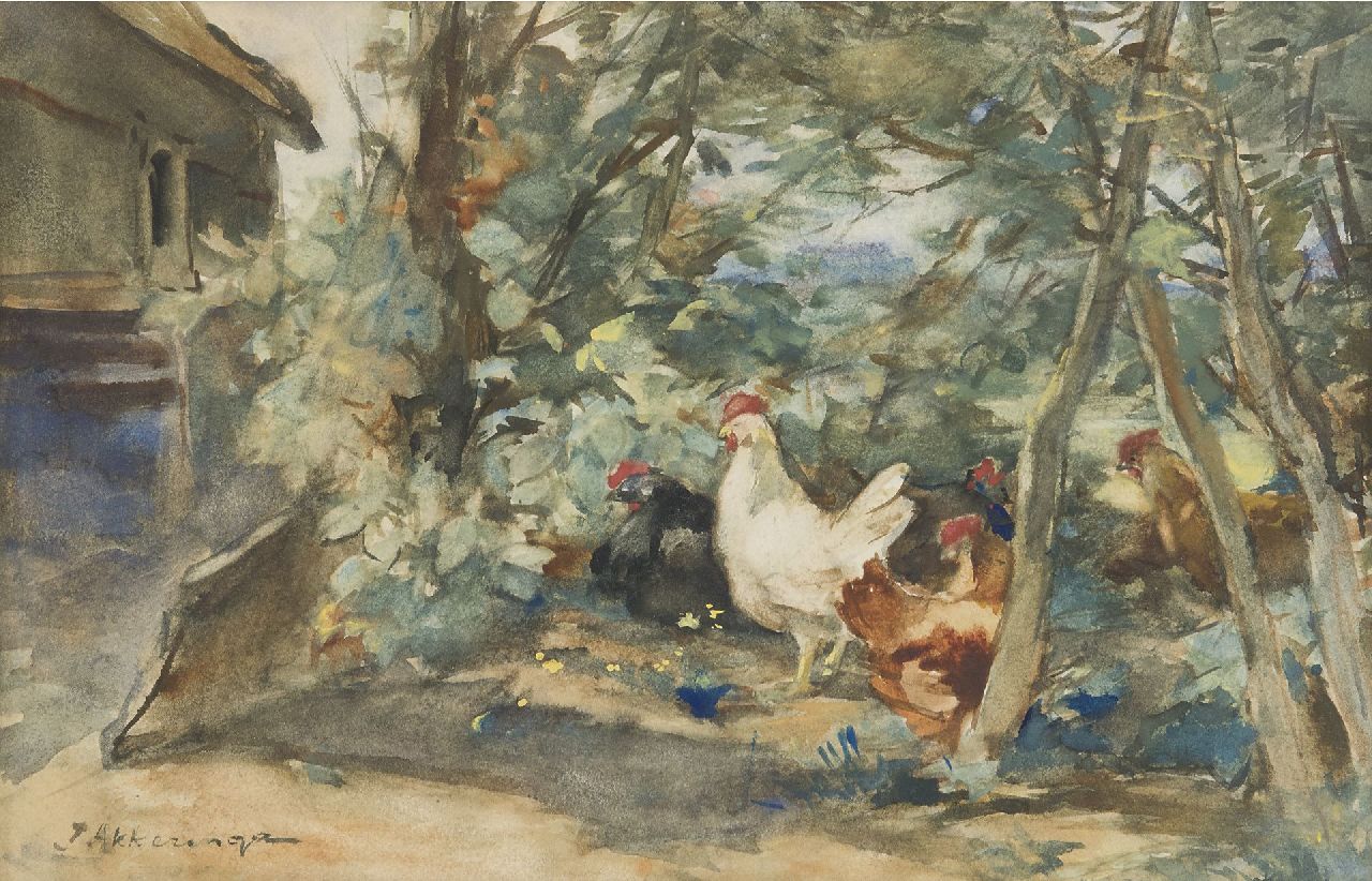 Akkeringa J.E.H.  | 'Johannes Evert' Hendrik Akkeringa | Watercolours and drawings offered for sale | Chickens on a farmyard, watercolour on paper 18.7 x 29.3 cm, signed l.l.