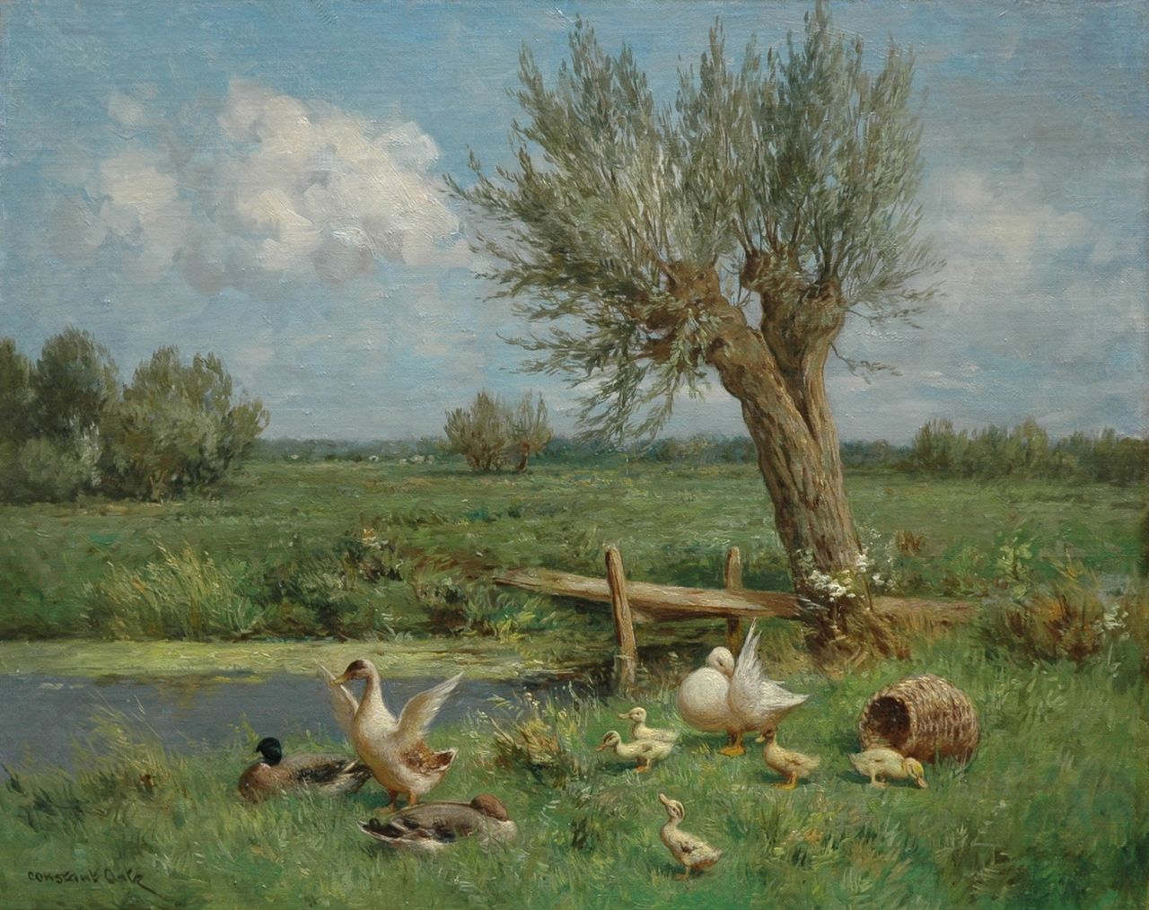 Artz C.D.L.  | 'Constant' David Ludovic Artz, A polder landscape with ducks and ducklings, oil on canvas laid down on panel 40.2 x 50.0 cm, gesigneerd linksonder