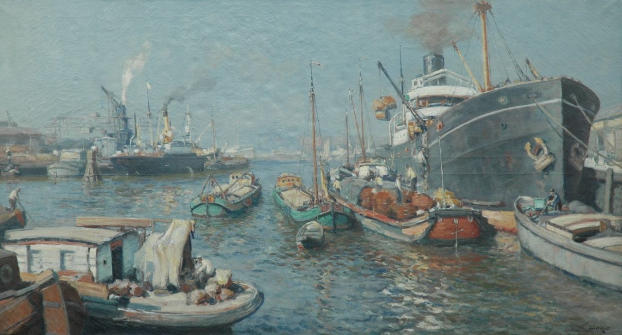Moll E.  | Evert Moll, View of the harbour of Katendrecht, Rotterdam, oil on canvas 97.0 x 177.5 cm, signed l.r.