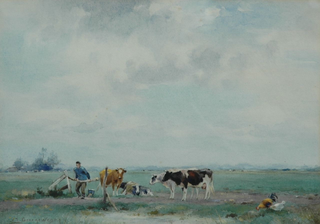 Groenewegen A.J.  | Adrianus Johannes Groenewegen, Cattle in a pasture: milking time, watercolour on paper 30.5 x 22.0 cm, signed l.l.