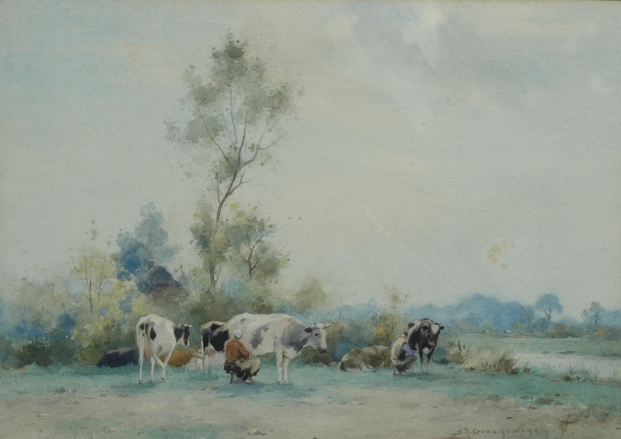 Groenewegen A.J.  | Adrianus Johannes Groenewegen, Milking time, watercolour on paper 30.5 x 22.0 cm, signed l.r.