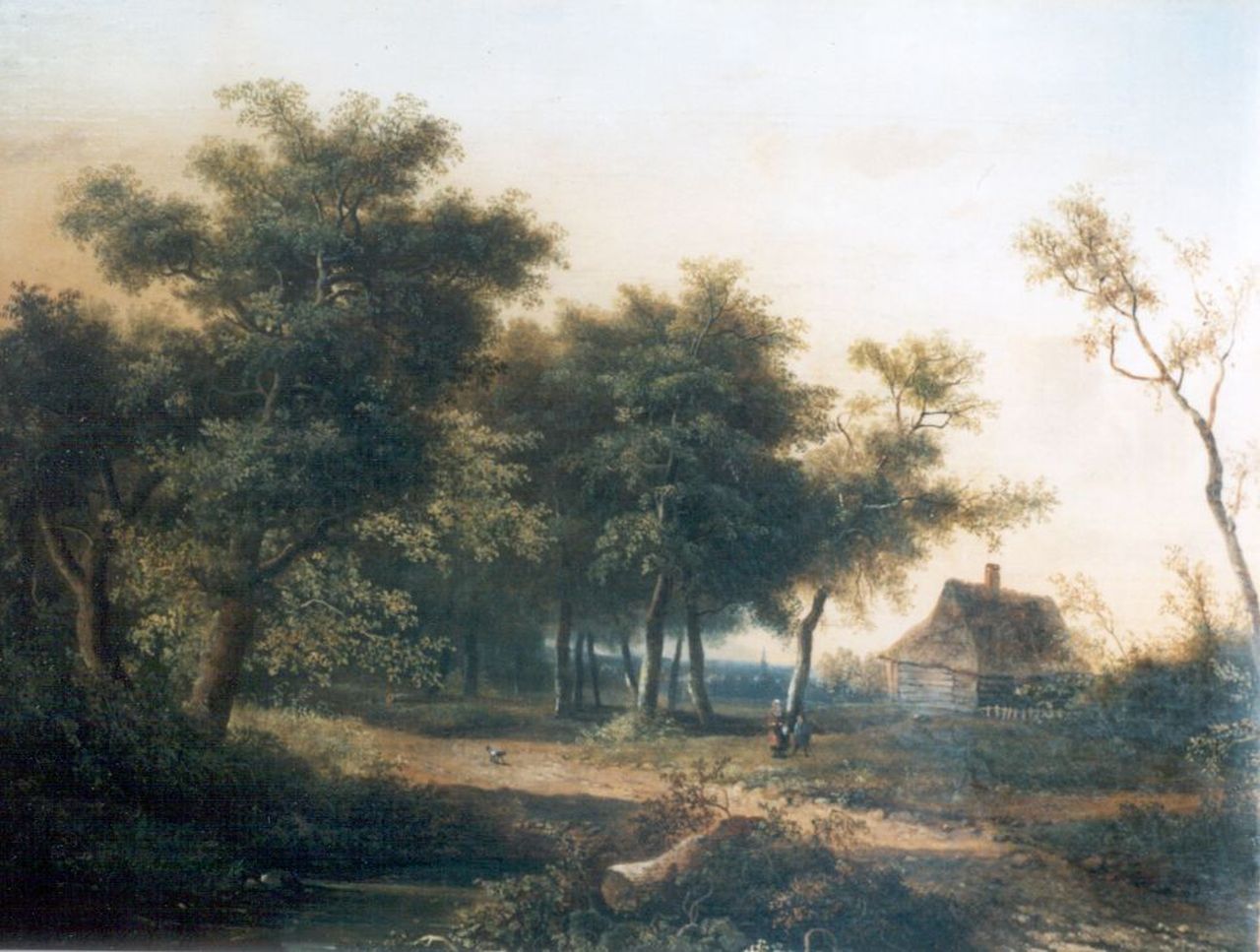 Jansen J.M.  | Johannes Mauritz Jansen, A wooded landscape with farmers on a path, oil on canvas 37.5 x 48.2 cm, signed l.l.