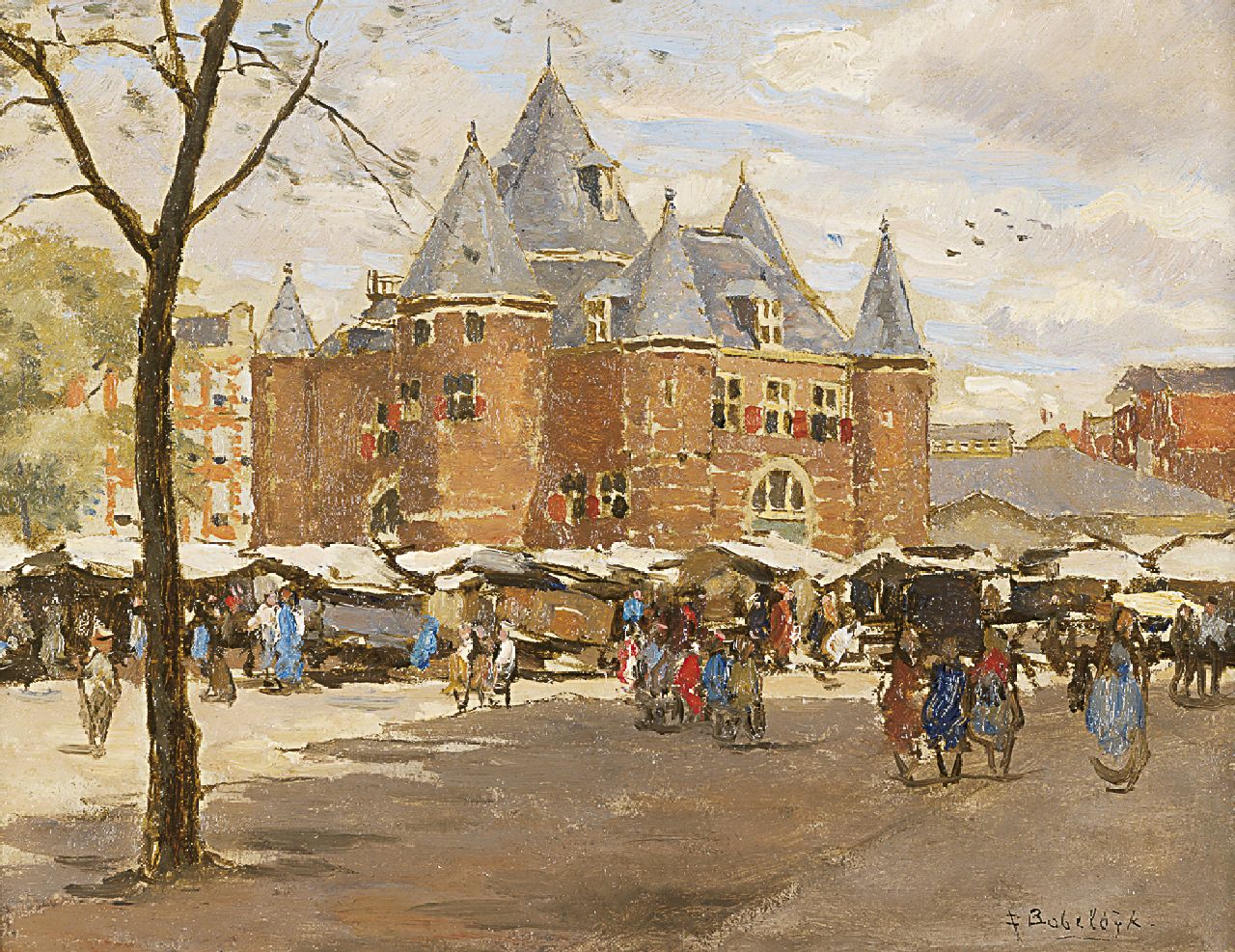 Bobeldijk F.  | Felicien Bobeldijk, A view of the Waag, Amsterdam, oil on panel 16.9 x 22.0 cm, signed l.r. and on a label on the reverse
