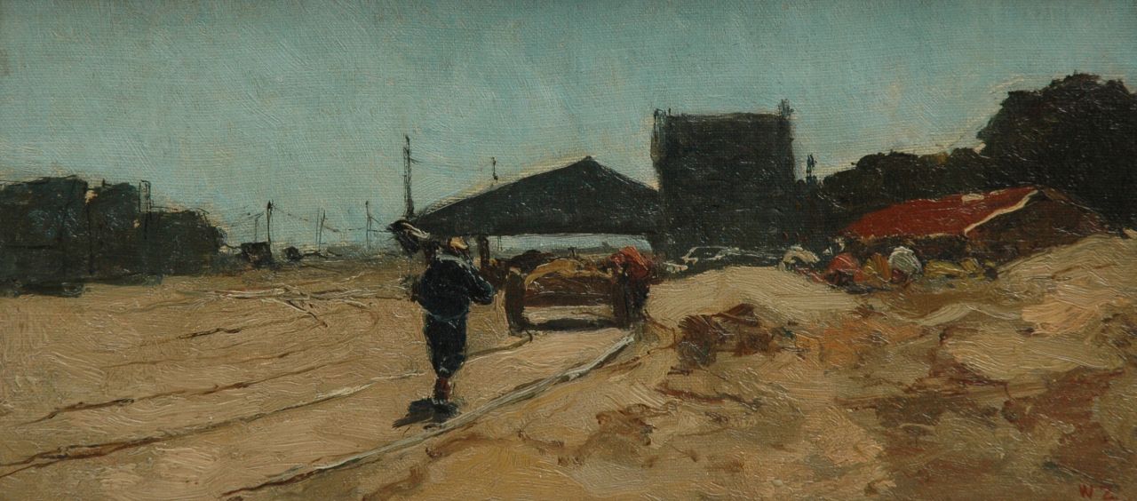 Zwart W.H.P.J. de | Wilhelmus Hendrikus Petrus Johannes 'Willem' de Zwart, Labourers along a track, The Hague, oil on canvas laid down on panel 16.3 x 33.9 cm, signed l.r. with initials