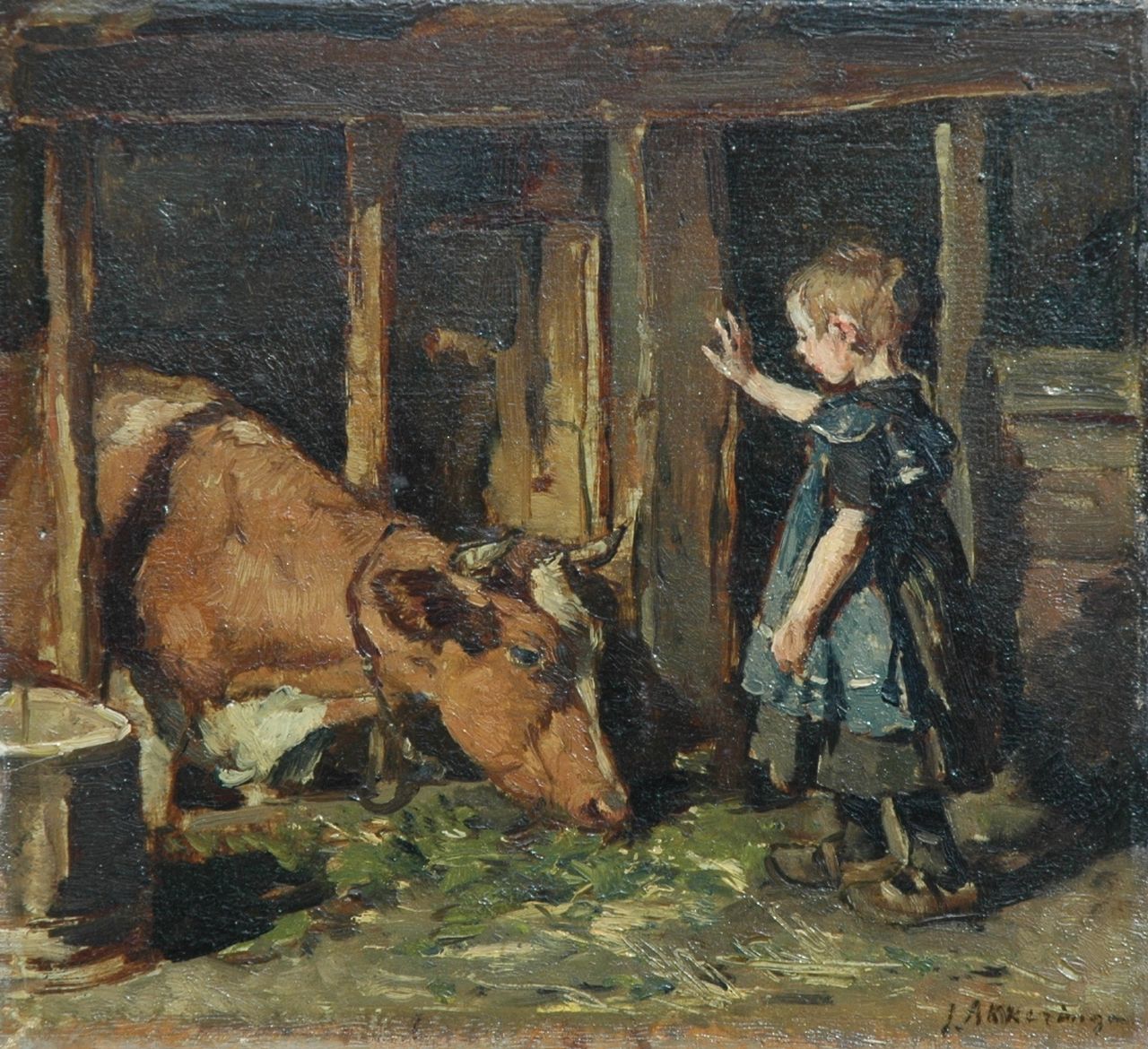 Akkeringa J.E.H.  | 'Johannes Evert' Hendrik Akkeringa, Feeding the cow, oil on panel 23.9 x 25.9 cm, signed l.r. and on the reverse Augts. 1909