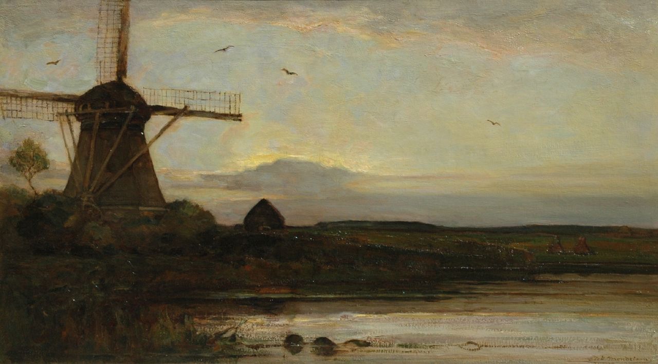 Mondriaan P.C.  | Pieter Cornelis 'Piet' Mondriaan, The river Gein with the Oostzijdse Molen by sunset, oil on canvas 75.2 x 132.4 cm, signed l.r. and painted circa 1907